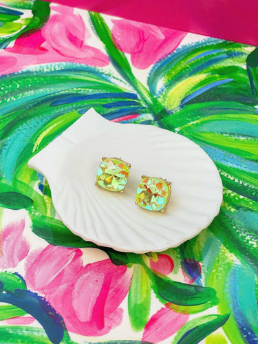 Iridescent Glass Crystal Stud Earrings Yellow.