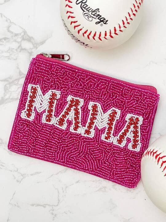 Baseball Stitched 'Mama' Beaded Zip Pouch