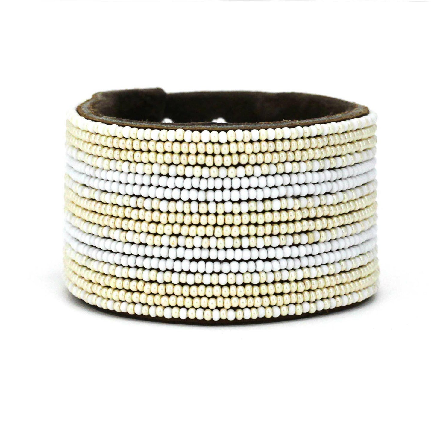 Large Pearl and White Stripe Leather Cuff.