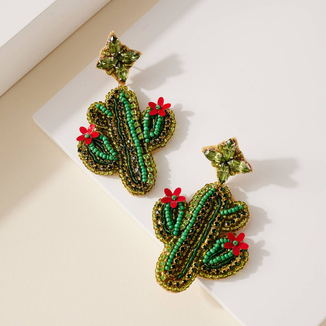 Seed Bead Cactus Dangling Earrings