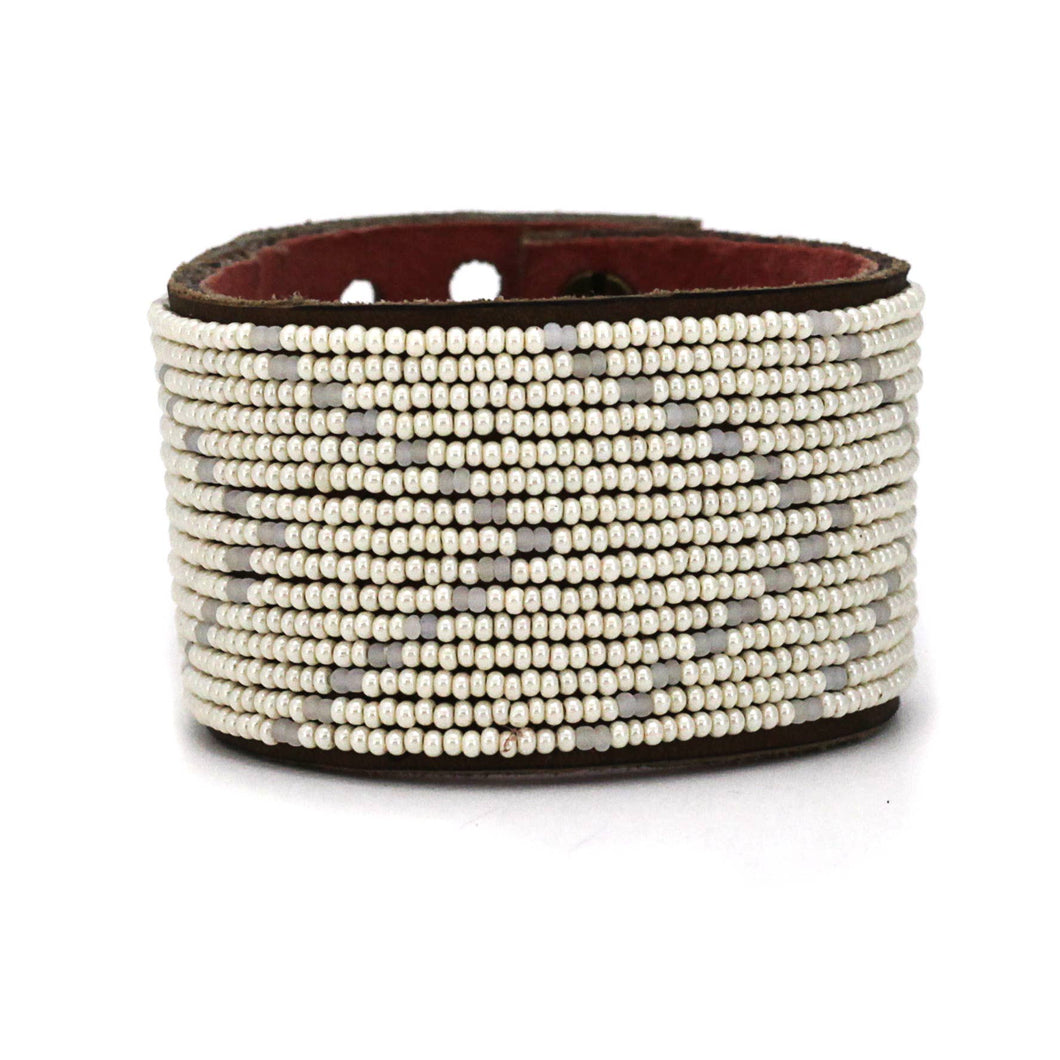 Large Pearl and Matte White Chevron Leather Cuff