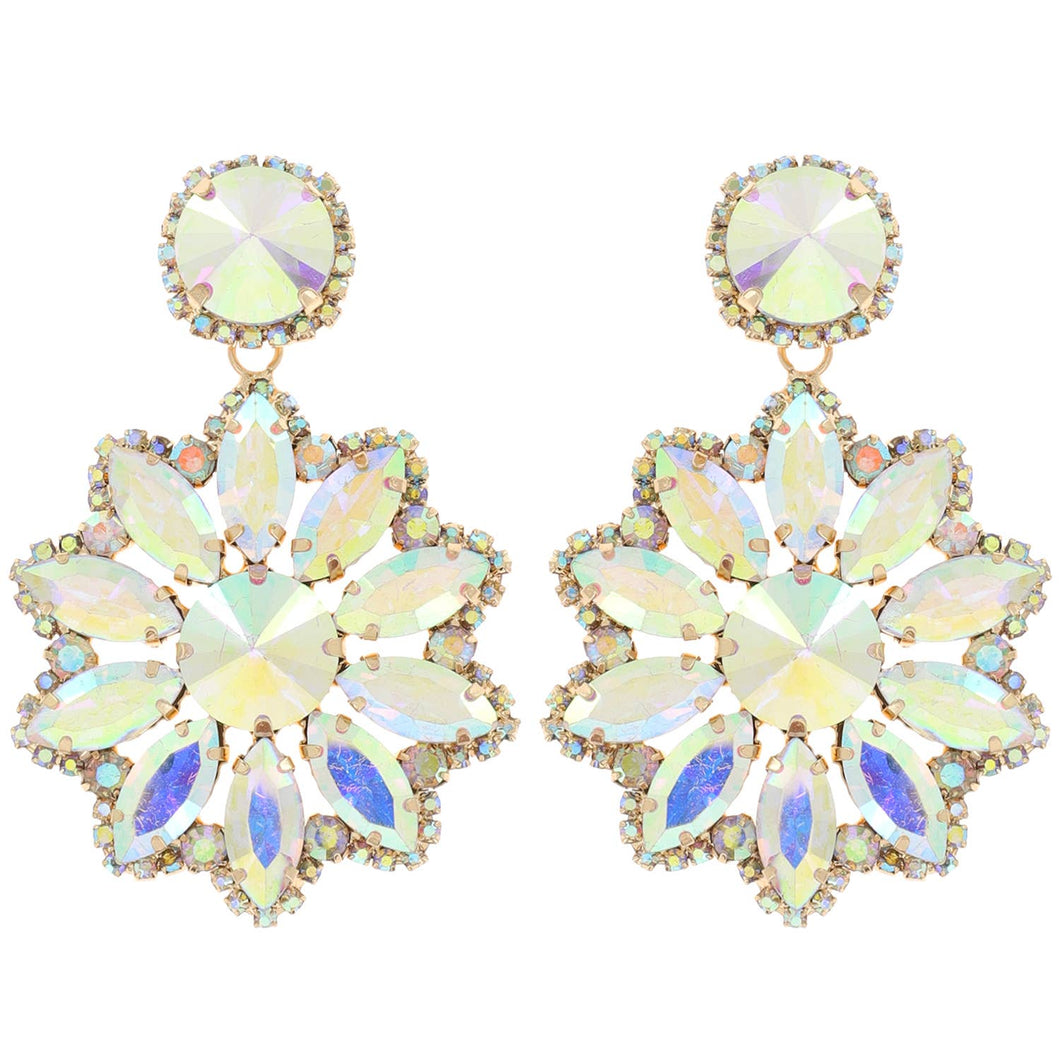 Rhinestone Crystal Embellished Flower Drop Dangle Earrings: Gold Iridescent