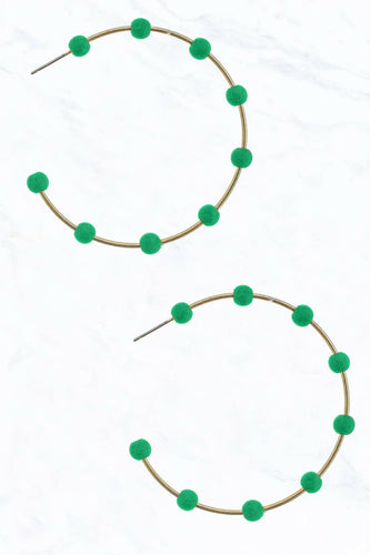 Bead Ball Wire Open End Hoop Earrings in Green.
