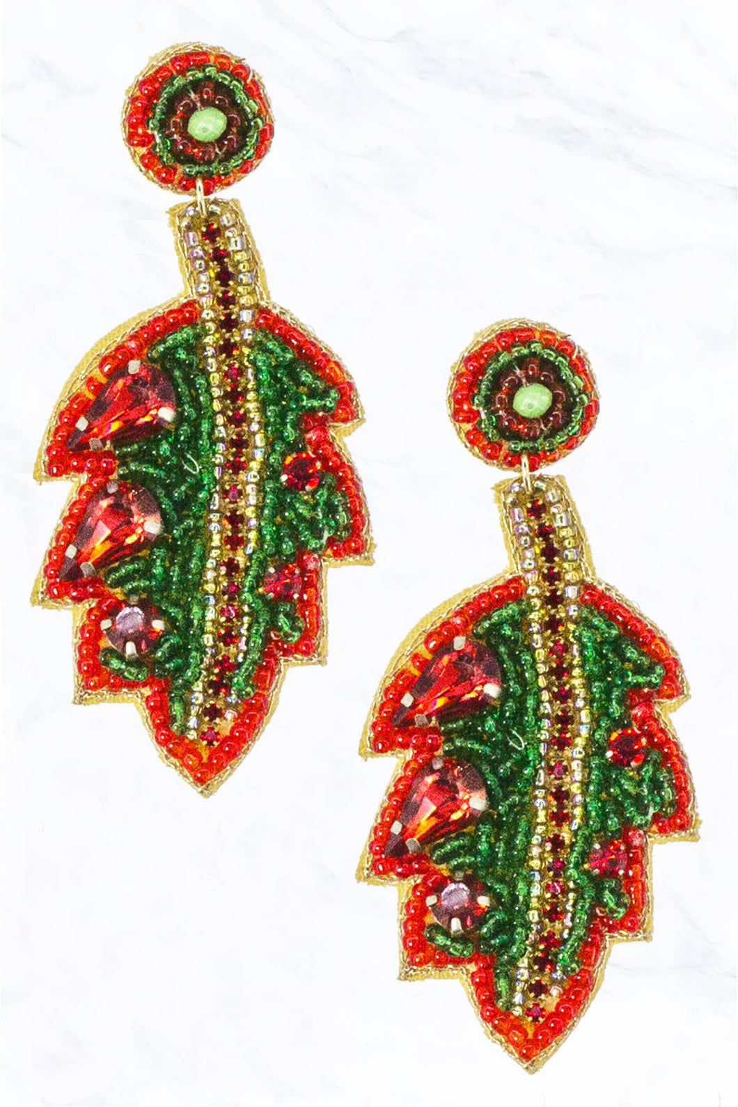 Christmas Holly Leaf with Multi Bead Fabric Dangle Earrings