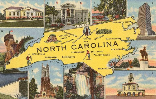 Map and Scenes of North Carolina - Vintage Image, Postcard.