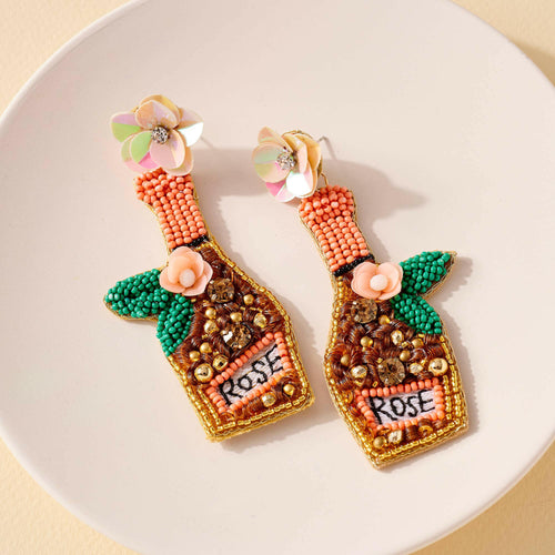 Rose Champagne Bottle Seed Beaded Earrings.
