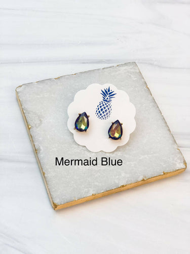Iridescent Teardrop Glass Crystal Stud Earrings.