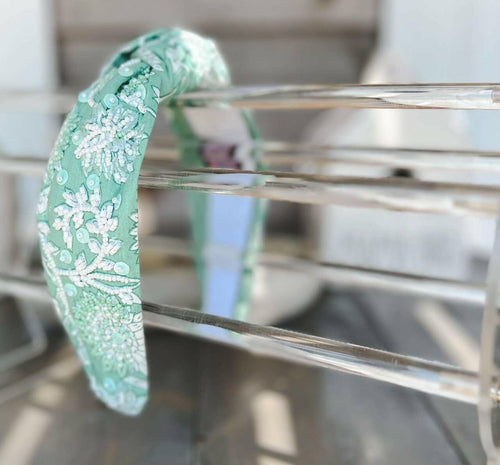 Mint Toile Top Knot Seed Beaded Headband.