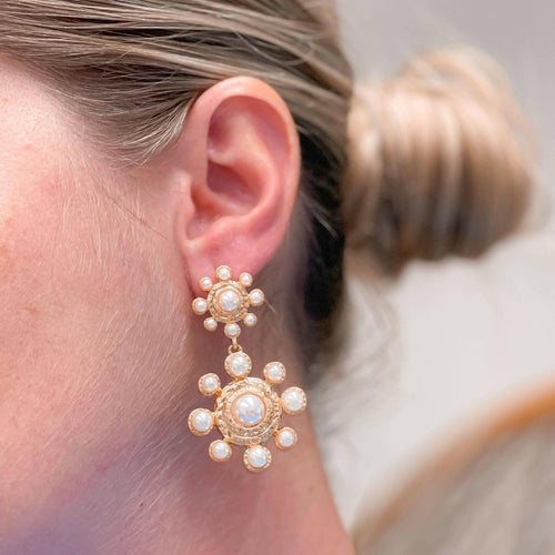 Linked Double Flower Shaped Pearl Earrings.