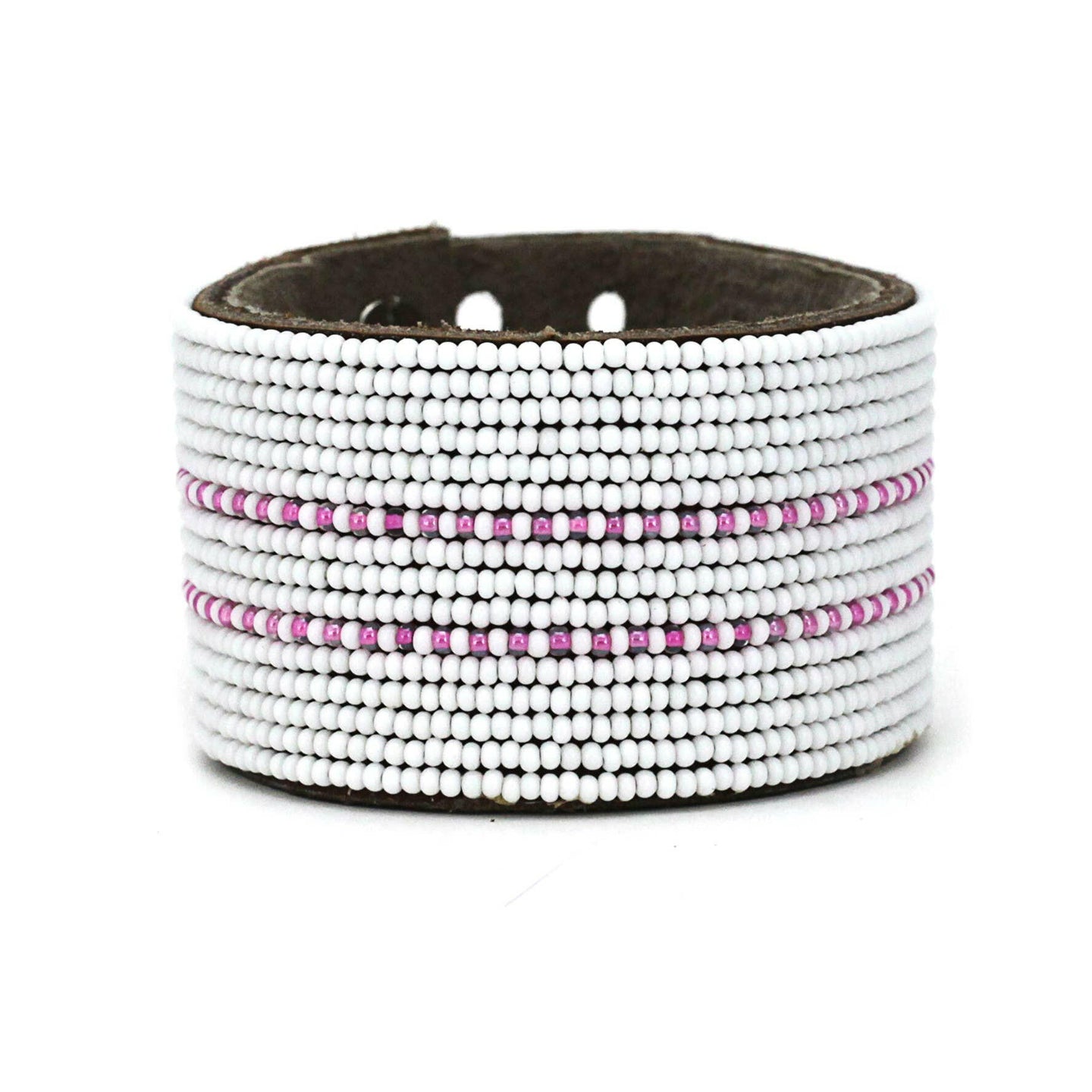 Large Pink and White Dashes Leather Cuff.