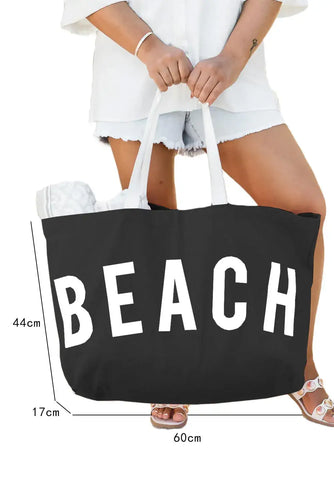 Black BEACH Letter Print Large Canvas Bag.