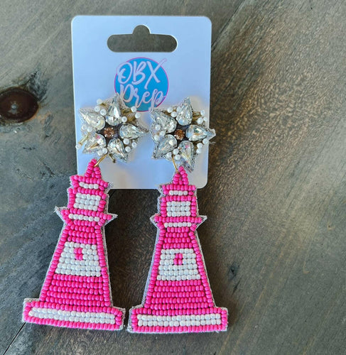 Pink Lighthouse Handmade Beaded Dangle Earrings.