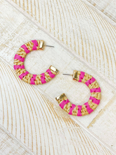 Raffia Striped Hoop Earrings Pink.