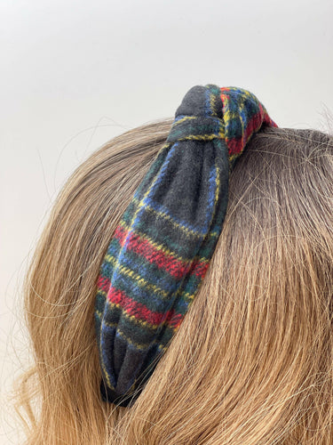 Top Knot Knit Tartan Plaid Headband - Black.