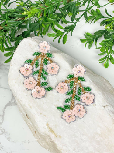 Ornate Cherry Blossom Stem Beaded Dangles.