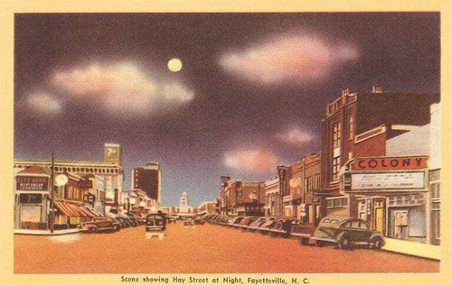 Moon Over Hay Street, Fayetteville - Vintage Image, Postcard.