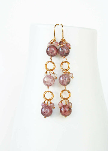 Long Strawberry Quartz Earrings.
