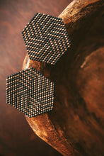 Load image into Gallery viewer, Beaded Handwoven Leticia Hexagon Earrings (Black/Bronze).
