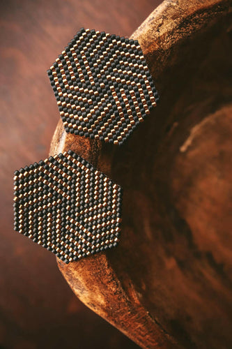 Beaded Handwoven Leticia Hexagon Earrings (Black/Bronze).