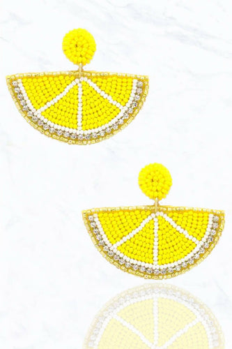 Beaded Half Circle Lemon Lime Post Drop Earrings.