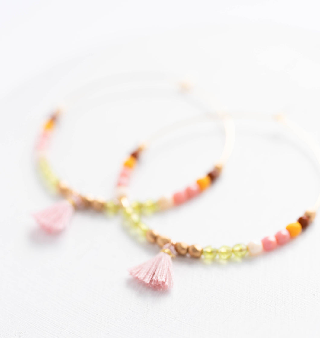 Large Hoops with Tiny Blush Tassel