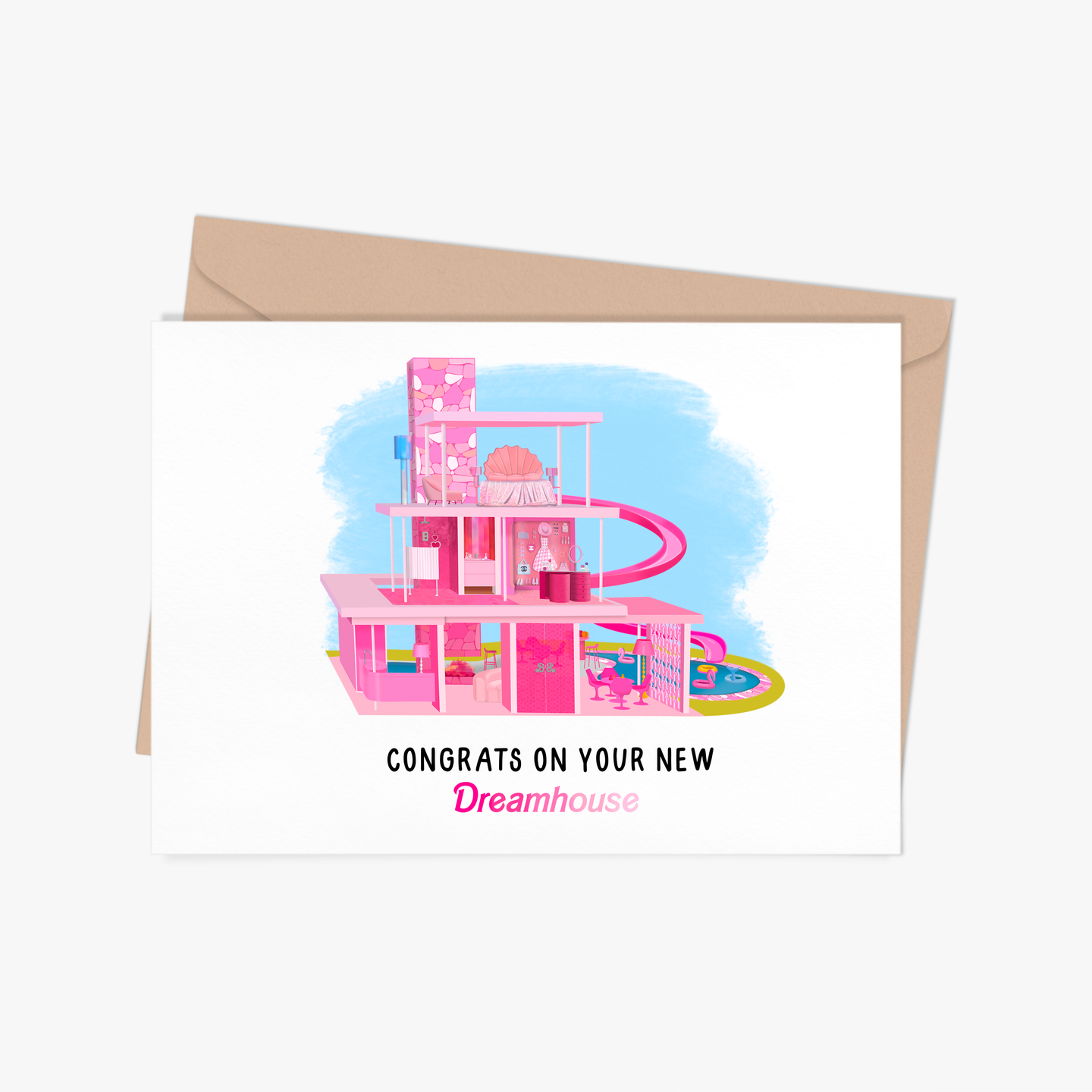 Congrats on Your (Barbie) Dreamhouse New Home Greeting Card.