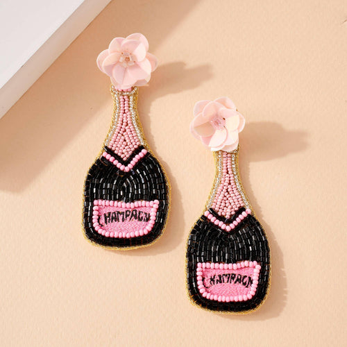 Champagne Bottle Seed Beaded Earrings.