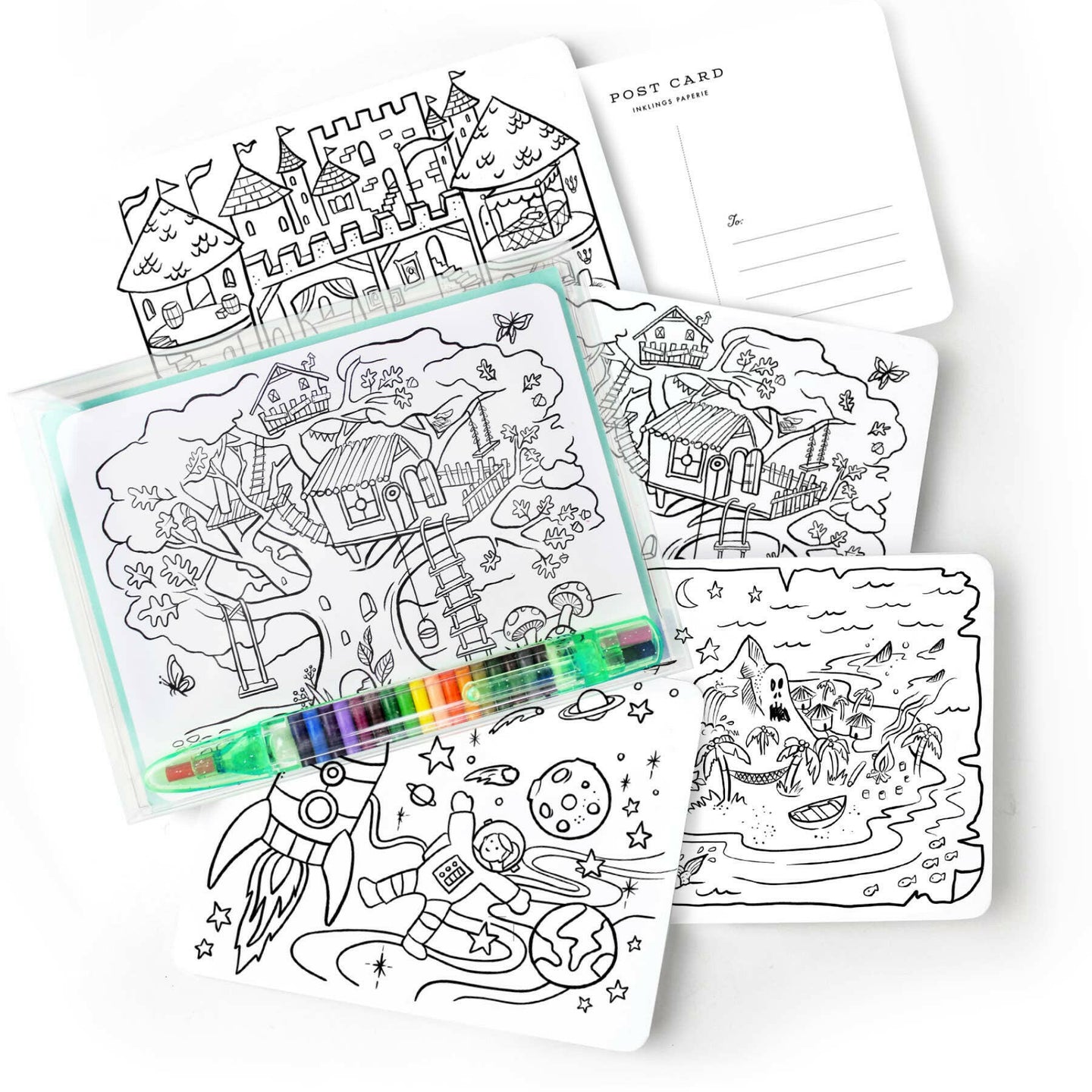 Box of 12 - Kids Color-In Postcard Kit.