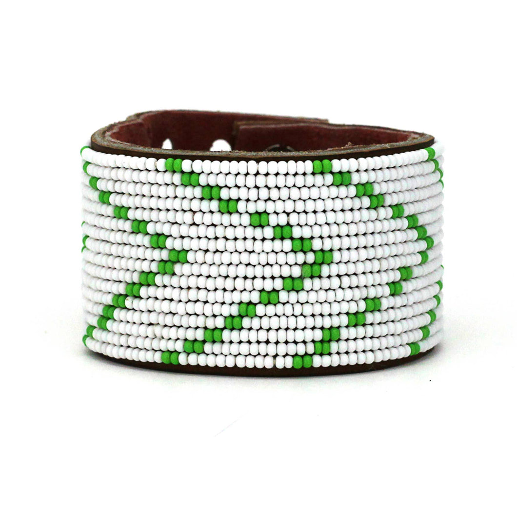 Large Green and White Chevron Leather Cuff