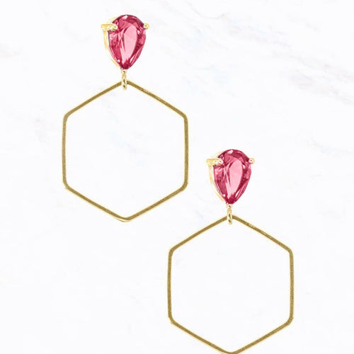 Glass Stone, Brass White/Gold Dipped Post Dangle Earrings.