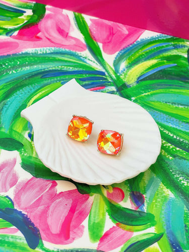 Iridescent Glass Crystal Stud Earrings Orange.