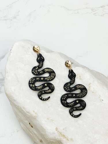 Gold & Leather Snake Drop Dangle Earrings.