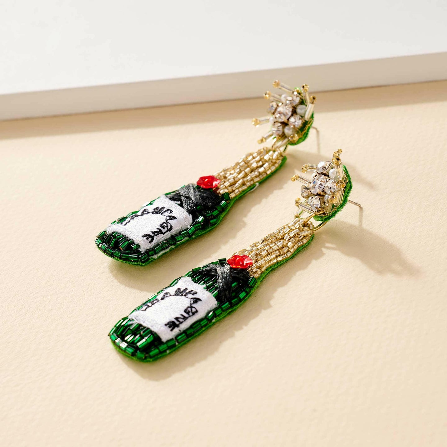 Champagne Bottle Seed Beaded Earrings.