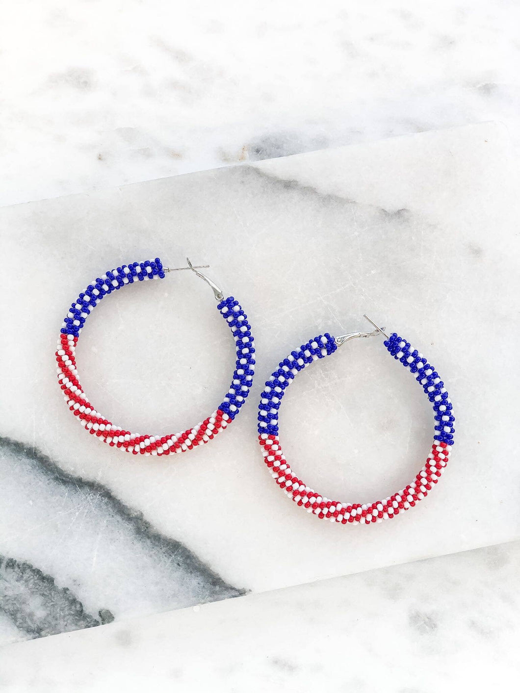Patriotic Red, White, & Blue Seed Bead Hoop Earrings