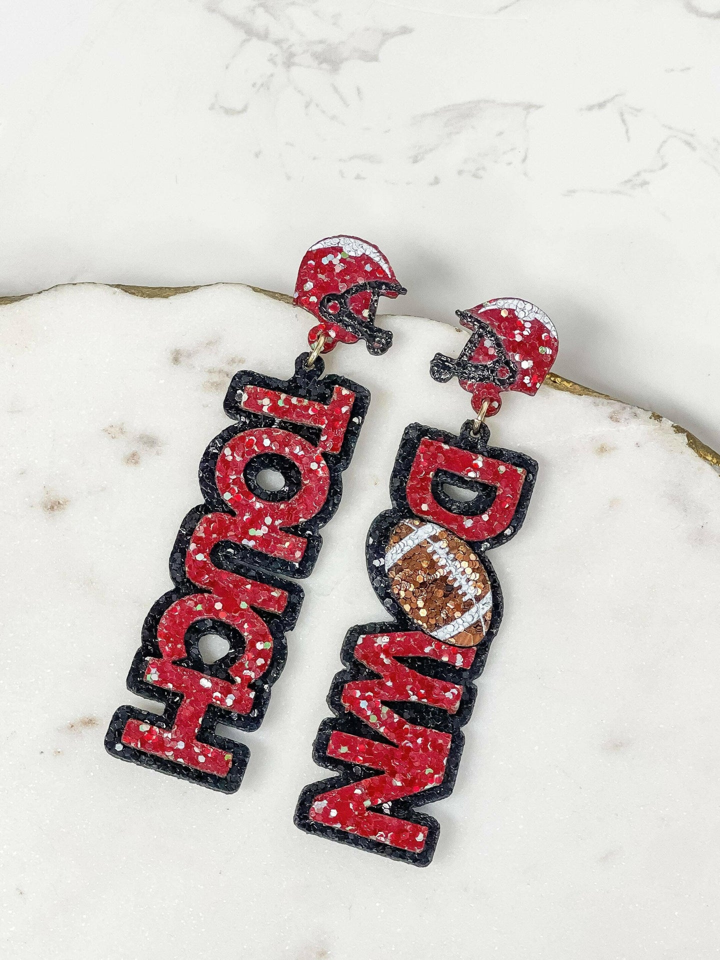 Glitter 'Touch Down' Football Earrings - Burgundy & Black.