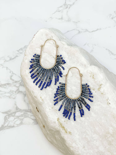 Seed Bead Fringe Dangle Earrings - Navy Blue.