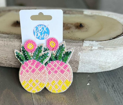 Bright Summer Pink Pineapple Seed Bead Dangle Earrings.