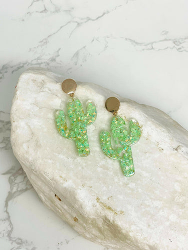 Mosaic Glitter Cactus Dangle Earrings.