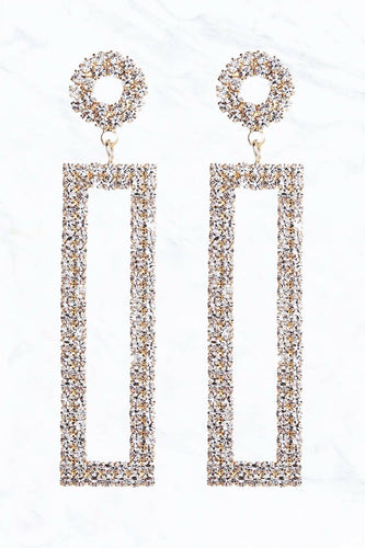Cut Out Rectangle with Rhinestone Post Dangle Earrings.