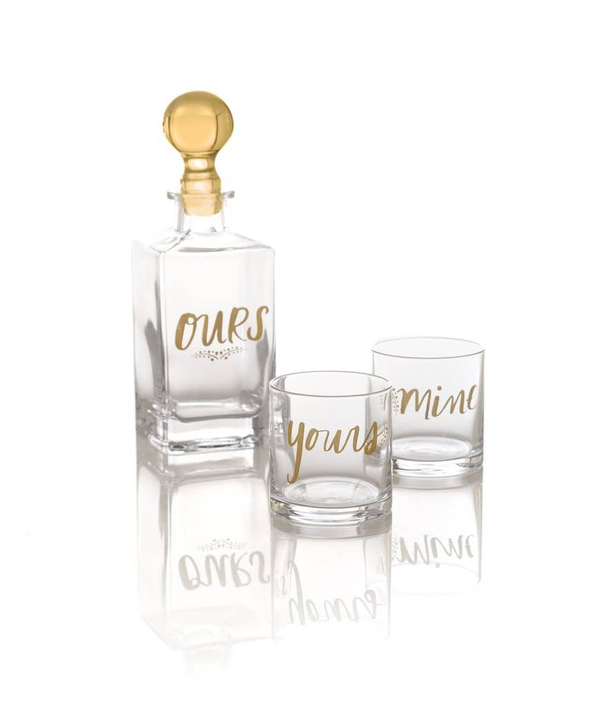 MINE YOURS OURS CARAFE AND 2 DOF GIFT SET,GOLD