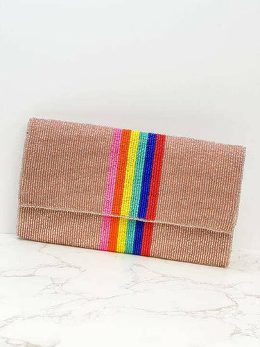 Rainbow Stripe Crossbody Chain Clutch - Pink.