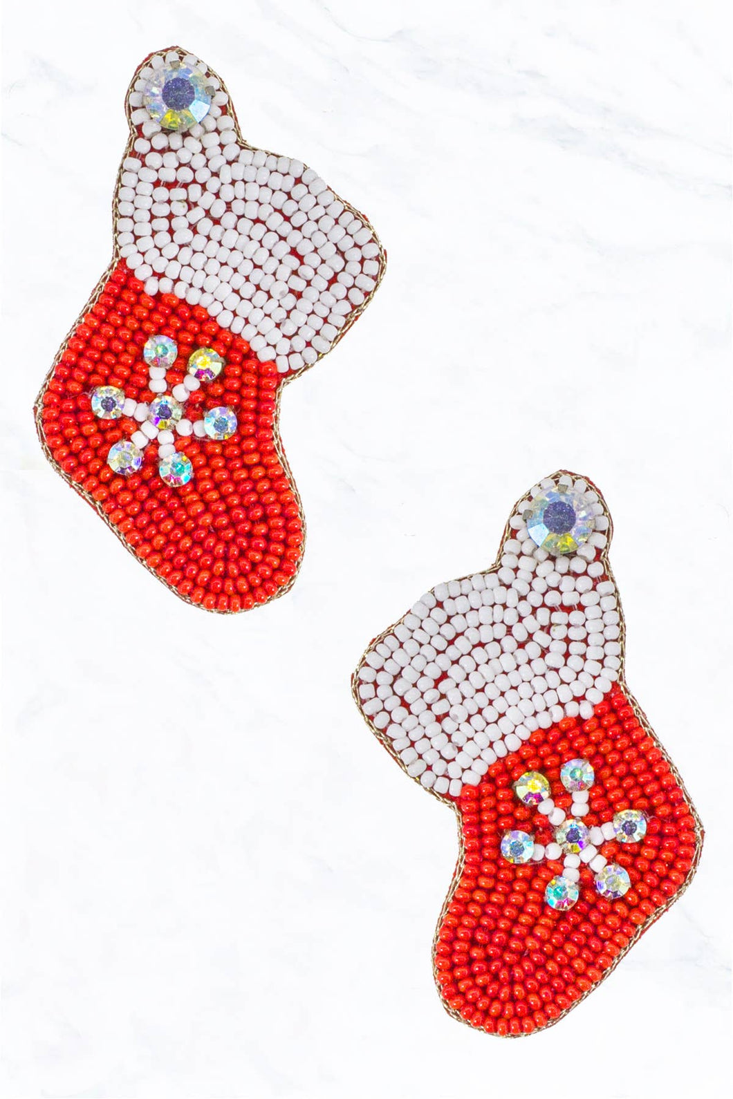 Christmas Socks, Snowflake, Seed Bead Fabric Post Earrings