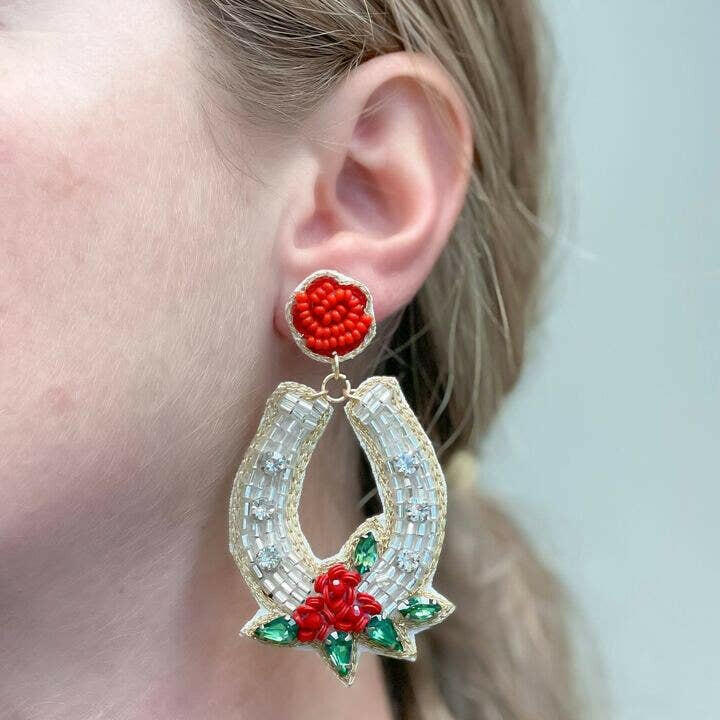 Glitzy Horseshoe Beaded Dangle Earrings.