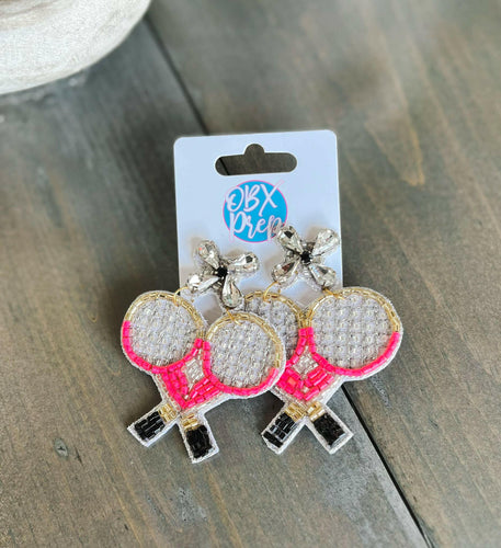 Pink Tennis Rackets Seed Beaded Drop Earrings.