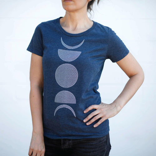 Moon Phase Women's Tee Shirt Made in USA Dusk Blue.