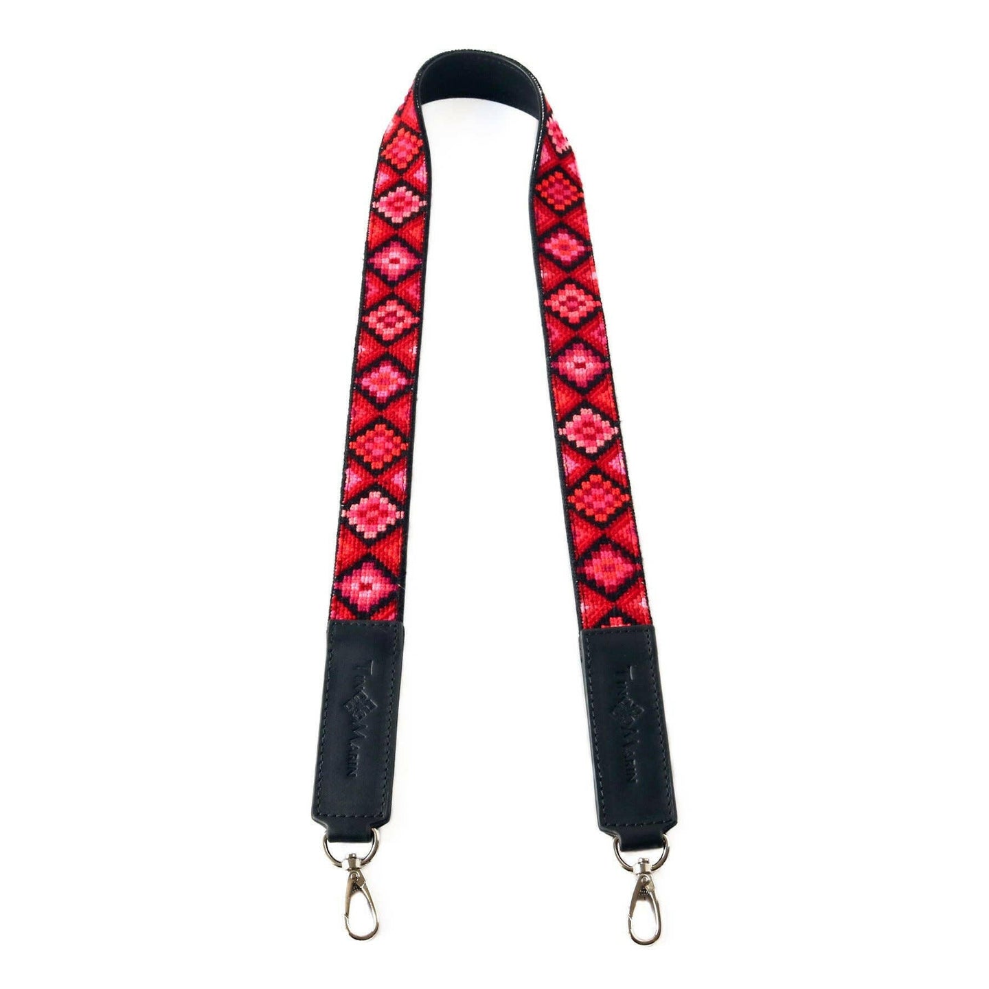 Mai Woven Bag Strap - Poppy with Black Leather.