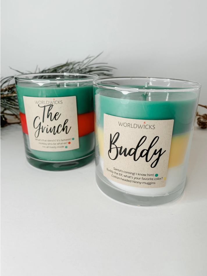 Christmas Movie Character Grinch and Elf Inspired Candles