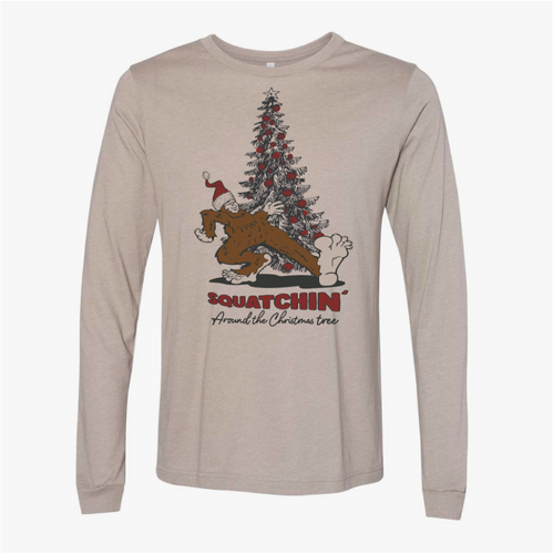 Squatchin around the Christmas tree long sleeve.