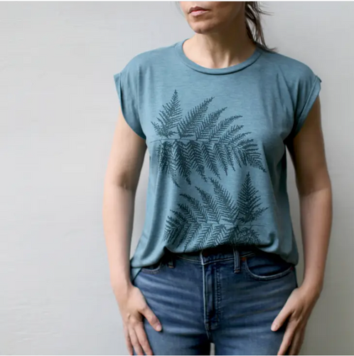 Forest Fern Leaves Women's Rolled Cuff Muscle Tee Deep Teal.