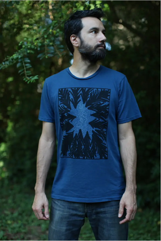 Milky Way Galaxy Stars and Forest Print 100% Cotton Tee Blue.